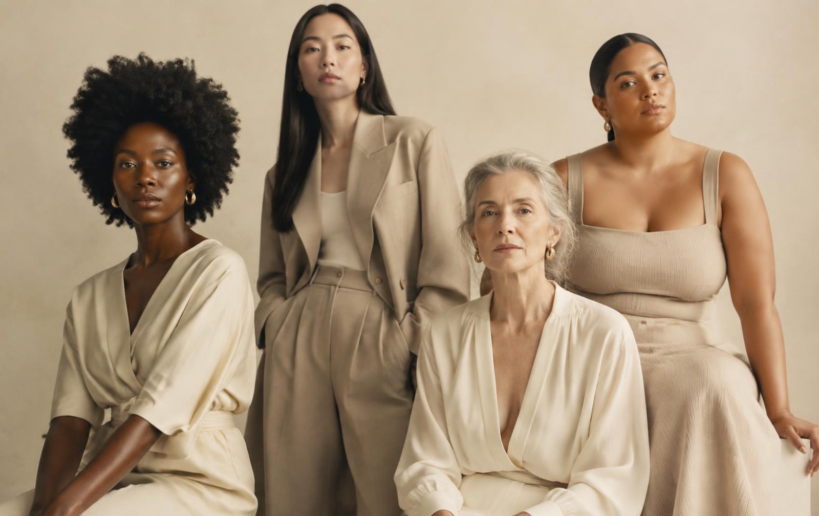 Four models of different ages and backgrounds in neutral tailored outfits